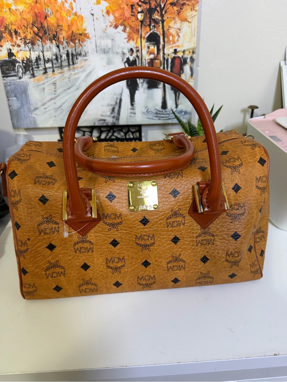 MCM Cognac Visetos Satchel with Gold Plaque